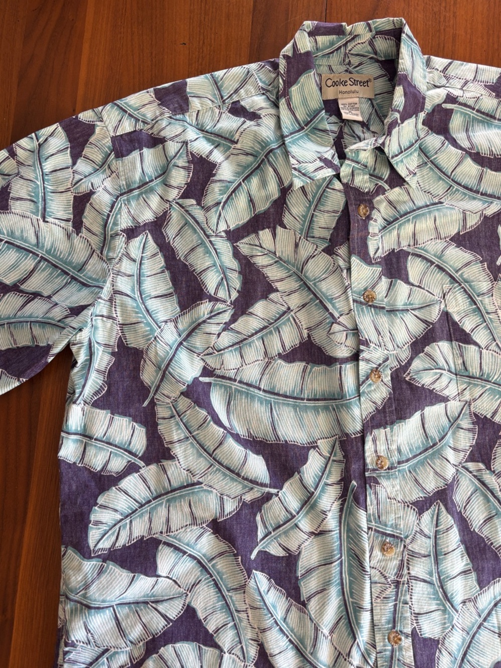 Cooke Street Men's Short Sleeve Leaf Print Button-Down - Teal on Purple, large